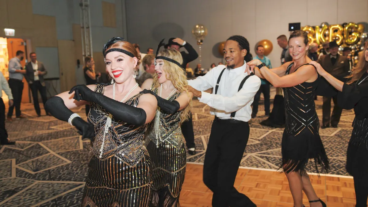 1920s Great Gatsby themed dancers performing a choreographed flash mob routine